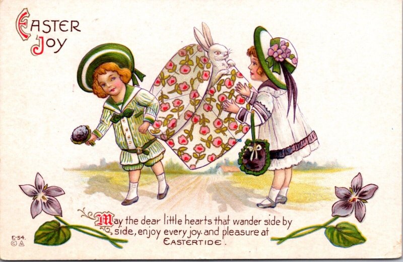 Easter Postcard Boy and Girl Carrying Giant Hat Box with Bunny Rabbit Inside