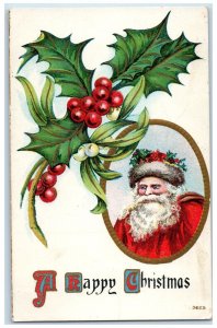 c1910's Christmas Santa Claus Holly Berries Winsch Back Embossed Posted Postcard 