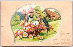 Sincere Good Wishes Happy Birthday Heart Bird Flower Basket Postcard