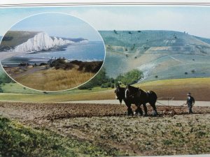 Vintage Multiview Postcard Farmer Ploughing Field with Shire Horses Sussex Downs