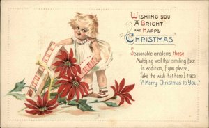 Christmas Cute Little Blonde Girl with Poinsettias c1910 Vintage Postcard