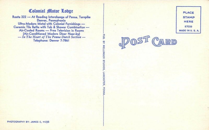 Denver Pennsylvania 1950s Postcard Colonial Motor Lodge