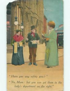 Bamforth comic WOMAN WITH GREEN UMBRELLA AND PURSE HANDBAG ON STREET W7319