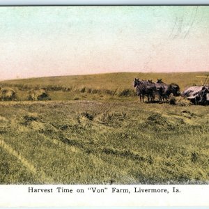 c1910s Livermore, IA Harvest Time Von Farm Reaper Horse Litho Photo Postcard A25