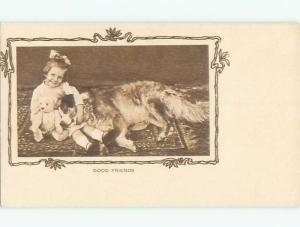 Unused Pre-Linen GOOD FRIENDS - GIRL WITH TEDDY BEAR AND HER DOG k8410@