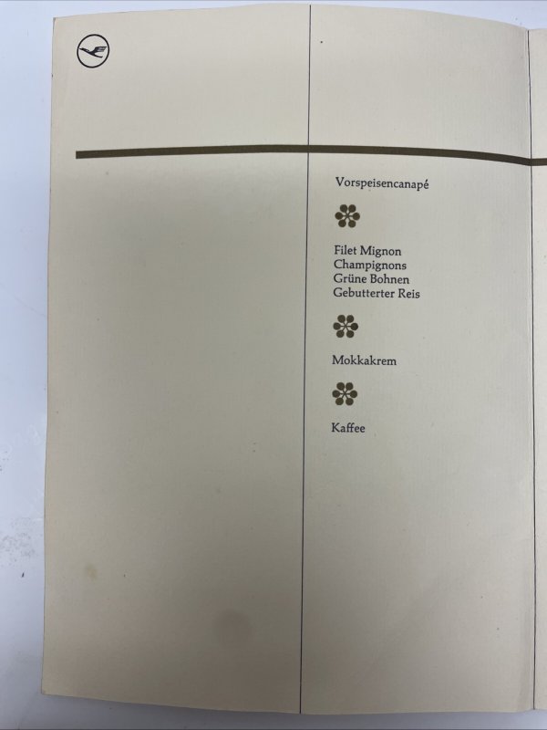 Lufthansa Airlines Vintage Flight Service Meal Menu
