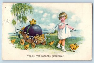 Slovakia Postcard Easter Little Girl Pulling Wagon With Big Egg Chicks c1910's