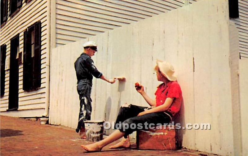 Tom Sawyer watches Joe Harper whitewash the fence at the Mark Twain Home Hann...