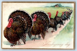Thanksgiving Postcard Turkeys Walking In Line Embossed Tuck St. Paul MN c1910s