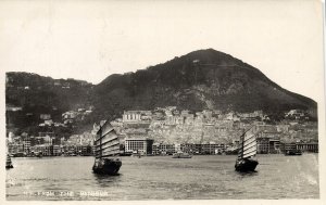 china, HONG KONG, Panorama from the Harbour, Junk (1952) RPPC Postcard