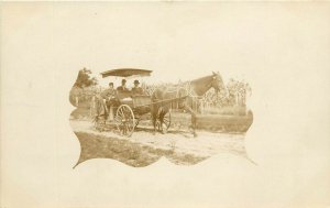 RPPC Postcard Masked Vignette Men in Horsedrawn Wagon w Fringe on Top