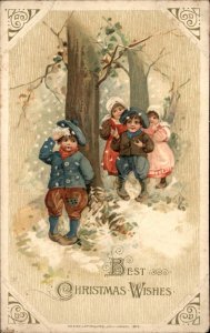 Christmas Forest Children Hide & Seek Gilt Embossed WINSCH Vintage Postcard