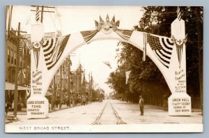 HAZLETON PA WEST BROAD STREET US FLAGS DECOR ANTIQUE REAL PHOTO POSTCARD RPPC