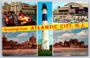 Atlantic City NJ Banner Greetings & Views~Lighthouse~Beach~Vintage Postcard