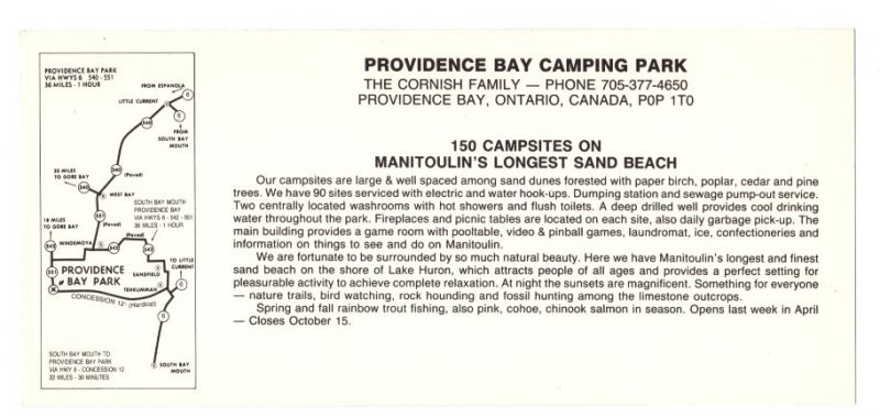 Providence Bay Camping Park, Manitoulin Island Ontario, Fishing Lake Advertising