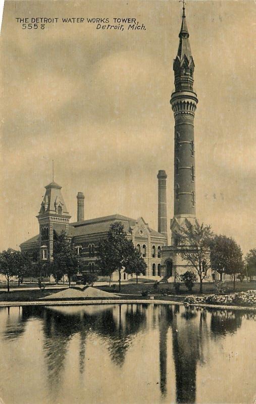 Detroit MichiganMansard Roof Next to Detroit Water Works Tower1909 Postcard