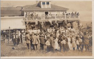 Large Gathering People House USA Flag US Holiday ?? Unused RPPC Postcard E82