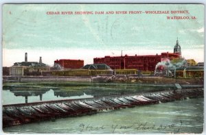 c1900s Waterloo, IA Cedar River Dam Train Downtown Photo Litho Postcard A62