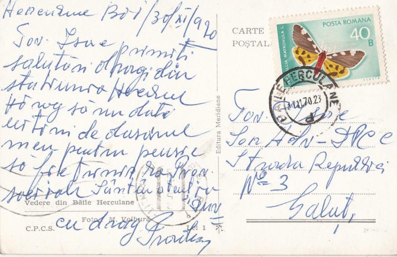 Romania postcard from `60s attractive butterfly stamp Baile Herculane