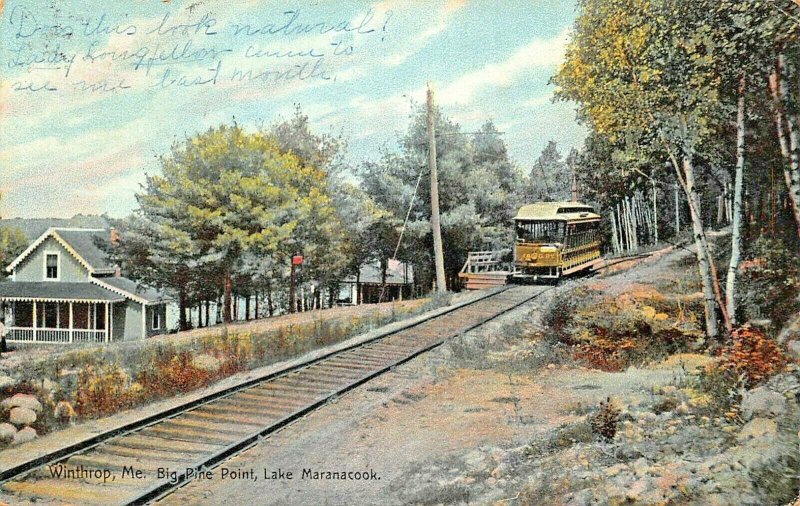 WINTHROP MAINE~BIG PINE POINT-LAKE MARANACOOK TROLLEY~1911 PSMK POSTCARD 