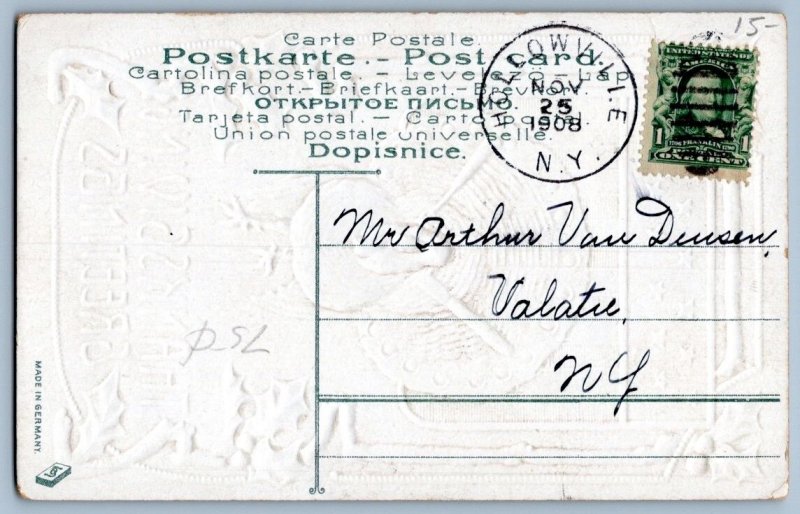 1908 THANKSGIVING GREETINGS PATRIOTIC TURKEY KNIFE FORK STUCK IN BACK POSTCARD