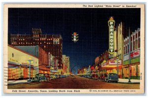 1944 Looking North From Ninth Polk Street At Night Lighted Amarillo TX Postcard