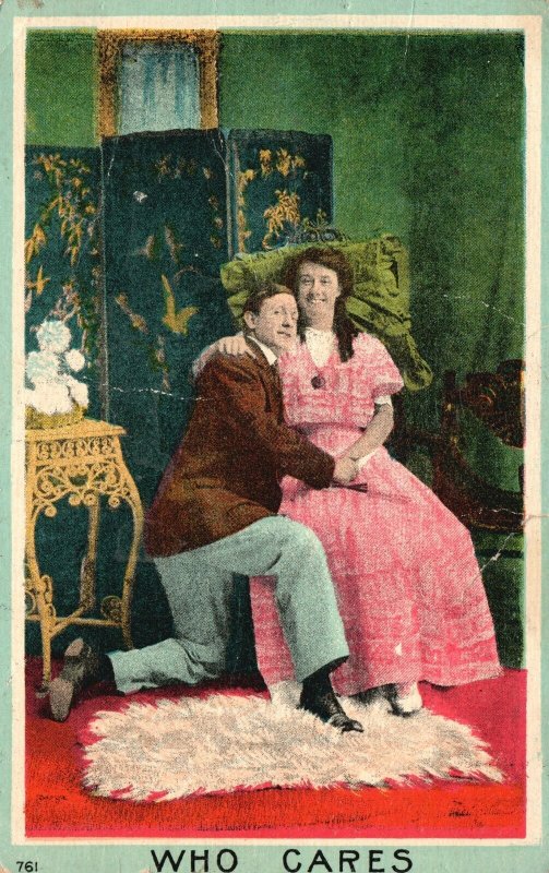 Vintage Postcard 1909 Who Cares Portrait of Sweet Couple Lovers Romance Artwork