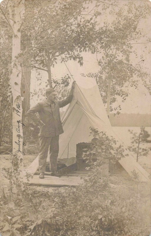 Circa 1913 Man Camping Standing Tent in Woods by Lake Real Photo RPPC 10C1-420