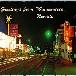 c1970s Winnemucca, NV Greetings from Downtown Night Roadside Scene Neon Sign M2