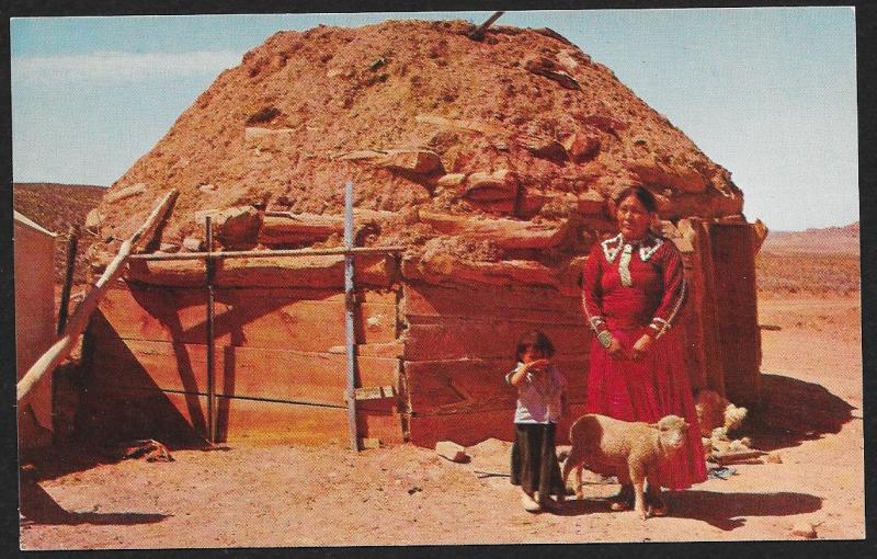 Navajo Woman & Girl in Front of Hogan Home Arizona Unused c1950s