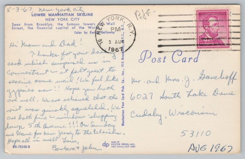New York City~Lower Manhattan Skyline~Vintage Postcard 