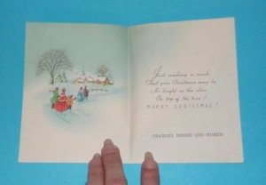 Vtg 1940's Christmas Card TOWER Tree Candles Victorian Carolers Family #101