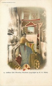 UDB Postcard; Indian Girl Weaving Blankets in Store Window, M. Rieder L.A. CA