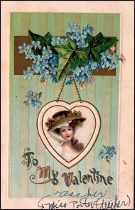 Valentine Woman in Green Hat Flowers