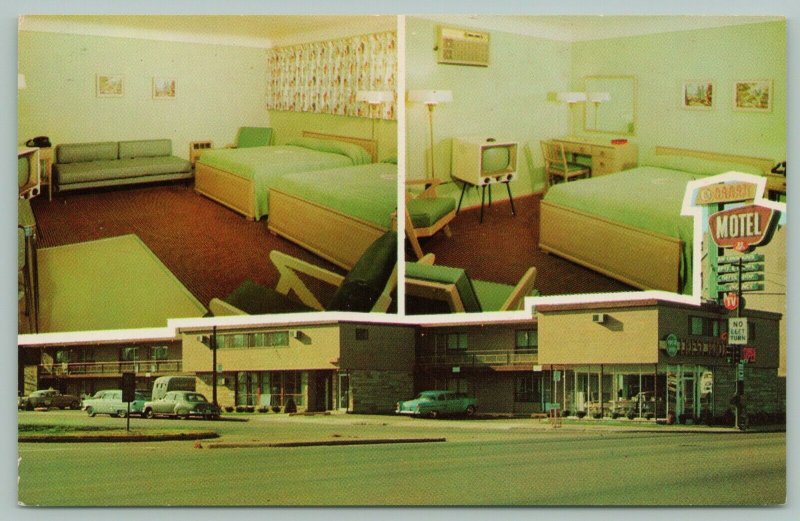 Detroit Michigan~Crest Motel Downtown~Guest Room Interiors~Neon Sign~1950s Cars