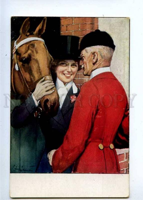 233272 HORSE Stable RIDER Lady & Old Man Vintage Colorful PC