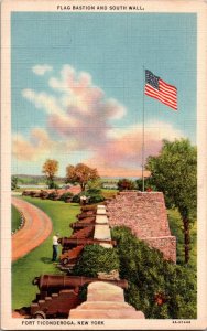 Fort Ticonderoga New York NY Flag Bastion South Wall Cannons Postcard