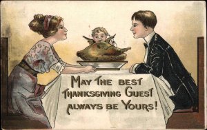 Thanksgiving Cupid Watches Couple at Turkey Romance c1910 Vintage Postcard
