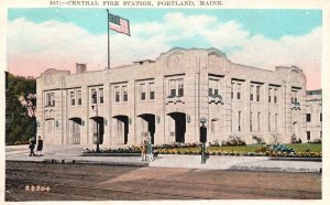 Vintage Postcard 1937 Central Fire Station Building Landmark Portland Maine PNC