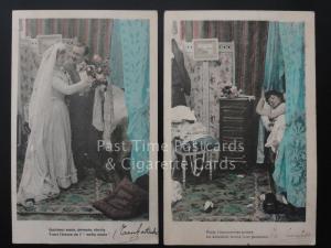 French Card Part Set of 2, La Nuptiale - WEDDING DAY & NIGHT c1903 UB Tinted RP