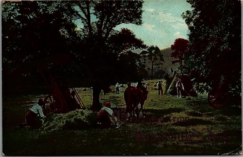 1909 BOONEVILLE ARKANSAS FARM WORKERS HORSES WAGONS POSTCARD 39-75