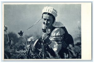 c1950's Woman In The Flower Garden Lithuania Vintage Unposted Postcard