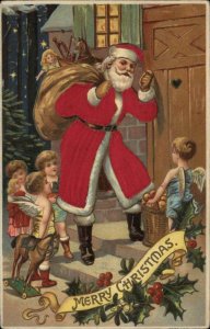 Christmas Silk Coat Santa Claus Cherubs Embossed c1910 Postcard