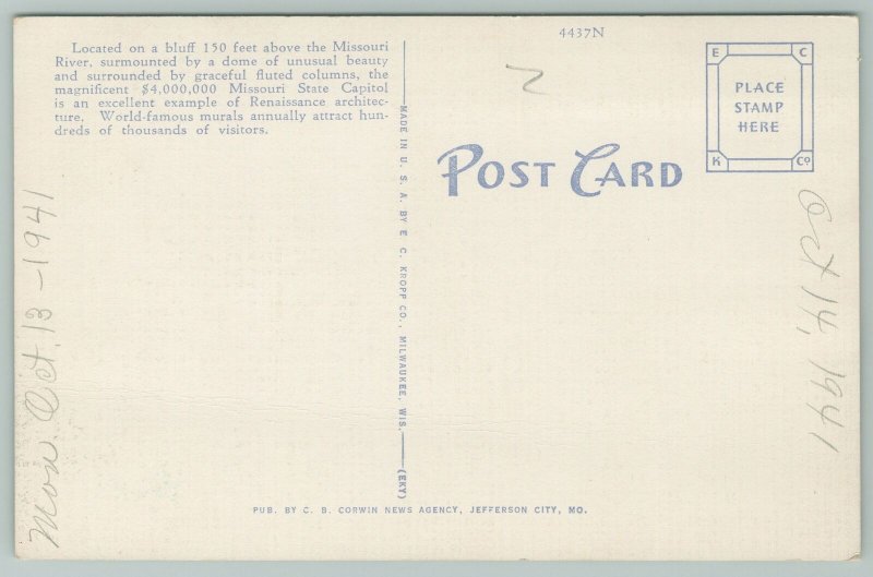 Jefferson City Missouri~Birdseye State Capitol Building~1940s Linen Postcard