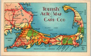 1940s Tourist Auto Map of Cape Cod Map MA Massachusetts Linen Postcard