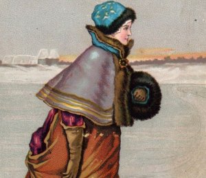 1880s Willimantic Thread Winter Scene Lovely Woman Ice-Skates Frozen Lake P105 