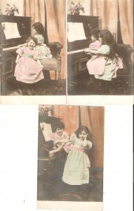 Children. Two girls at the piano Lot of three (3) old vintage French photo PC