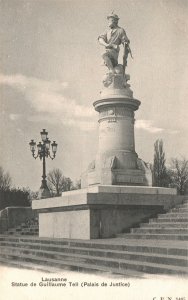 Vintage Postcard 1930's Statue De Guillaume Tell Palais De Justice Lausanne CH