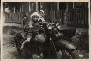 Kids on Early Harley Davidson Motorcycle c1915 Real Photo Postcard