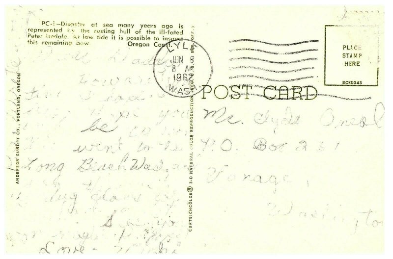 Ancienne Carte Postale De L'Peter Iredale Naufragé 1906 Oregon Coast Posté 1962 